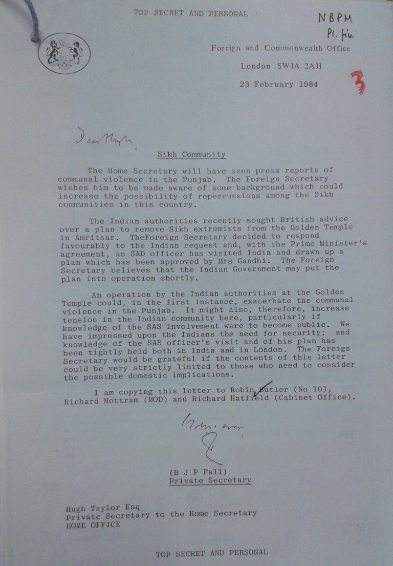 Letter on Sikh Community dated 23 February 1984.