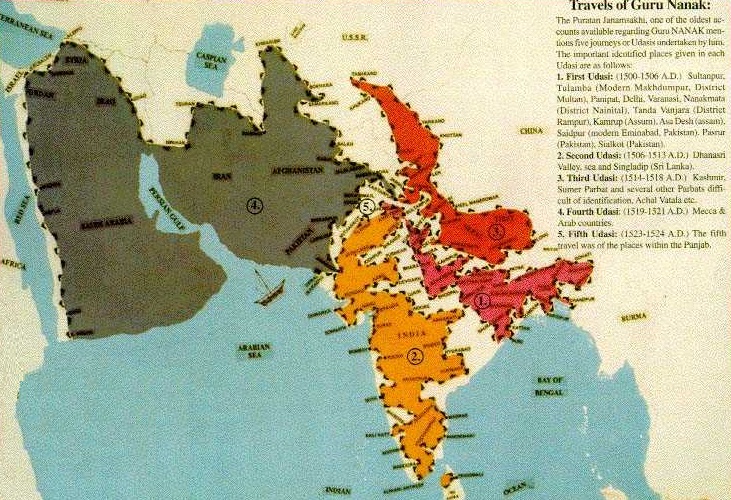 The 5 Udasis and other locations visited by Guru Nanak
