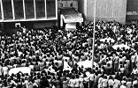 An ambulance carrying Indira Gandhi's body exits AIIMS
