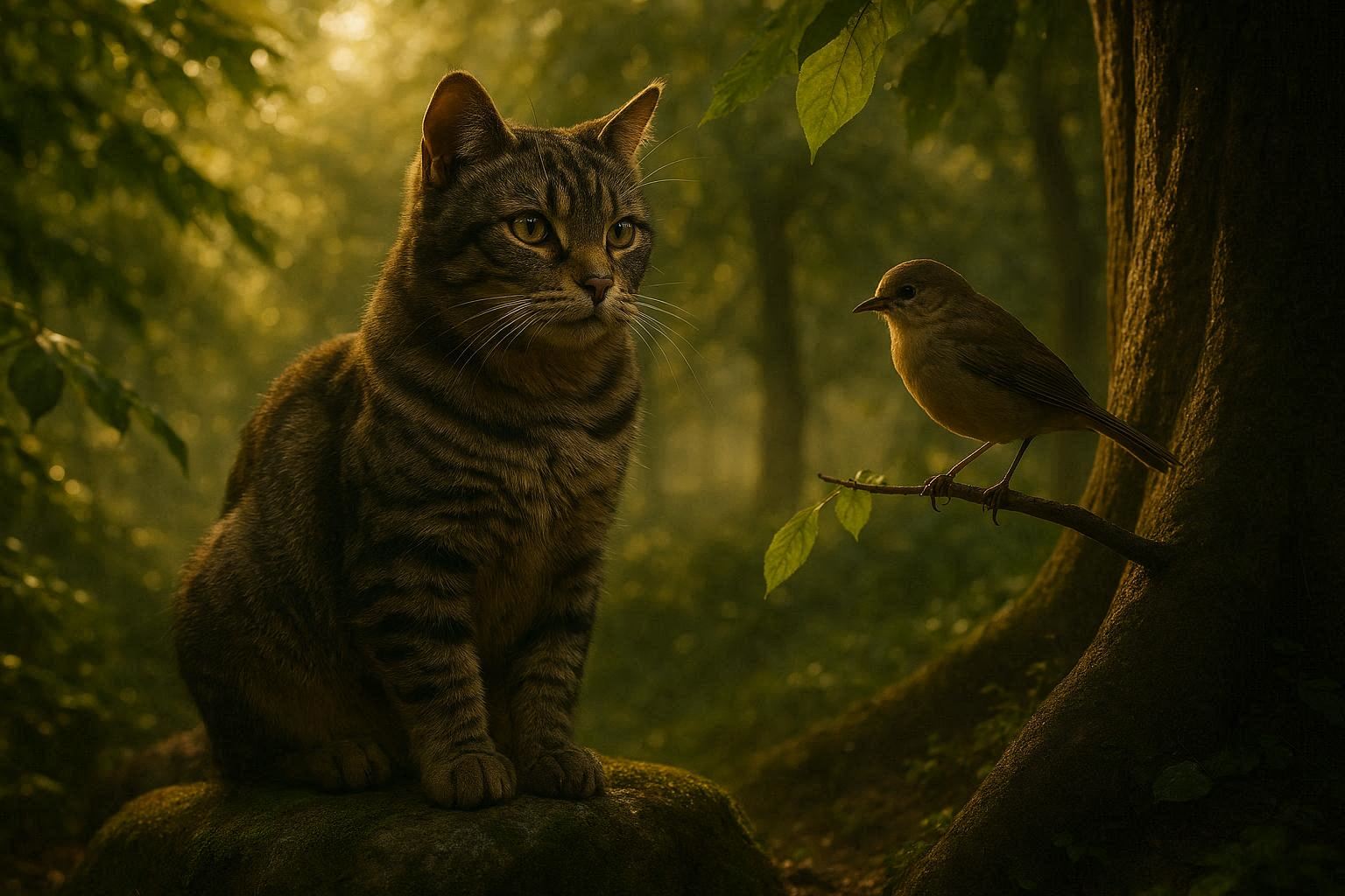 The little bird asking the cat for help
