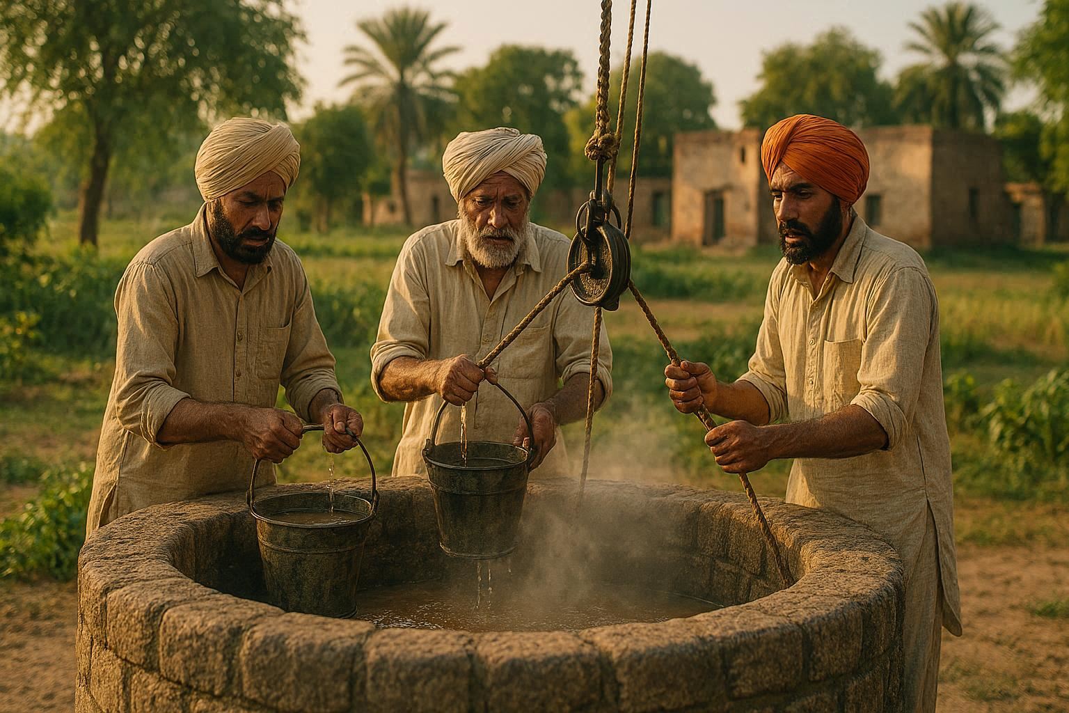 The villagers looking worried at the well