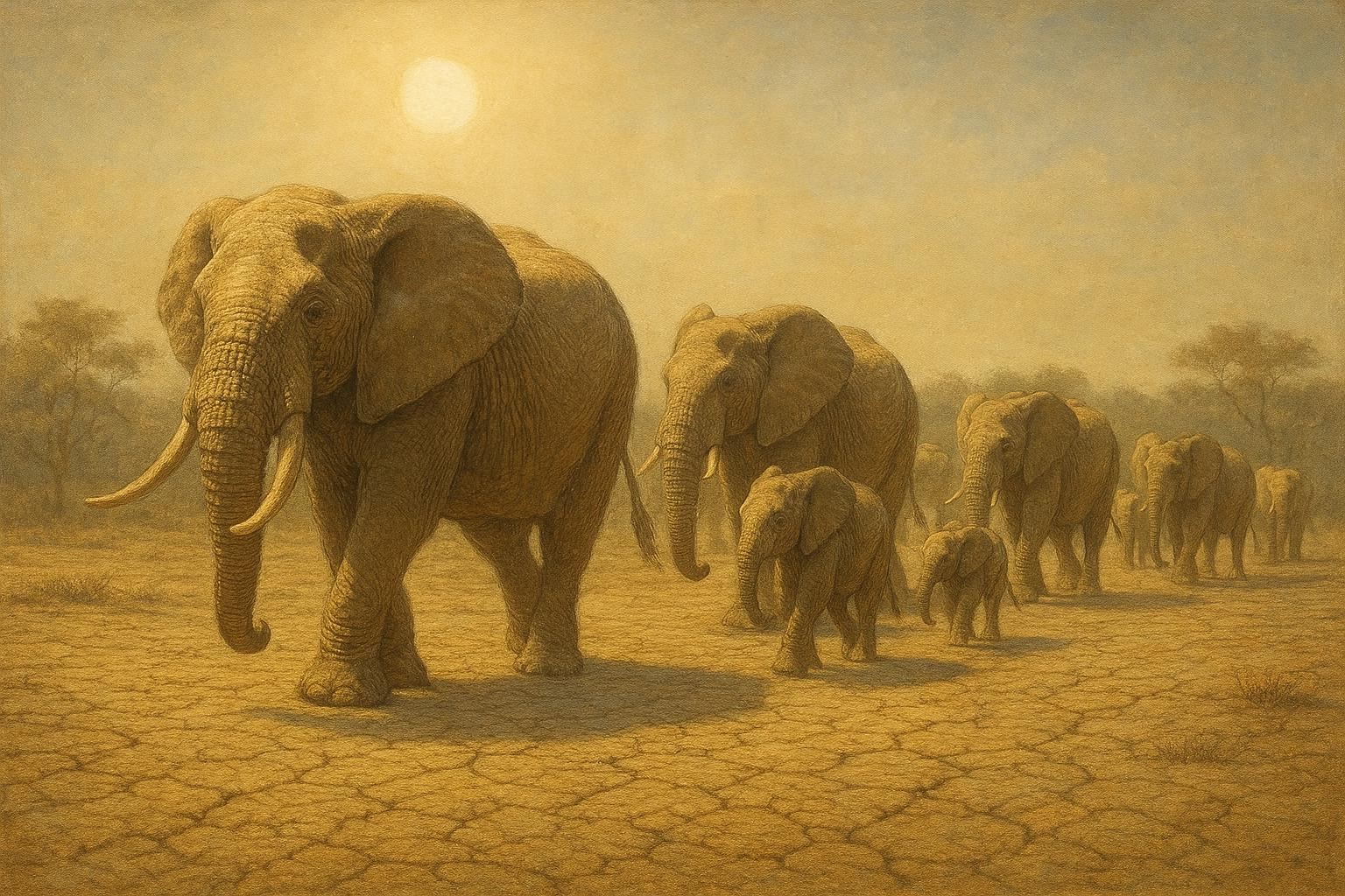 Elephants walking across dry land searching for water