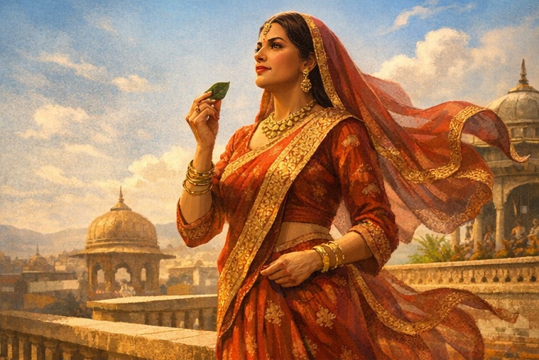 A wealthy woman standing confidently on her rooftop, overlooking the bustling city below