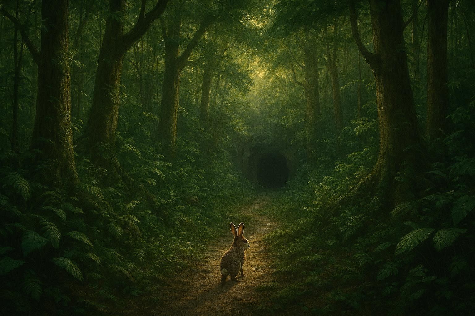 The clever rabbit walked slowly toward a cave