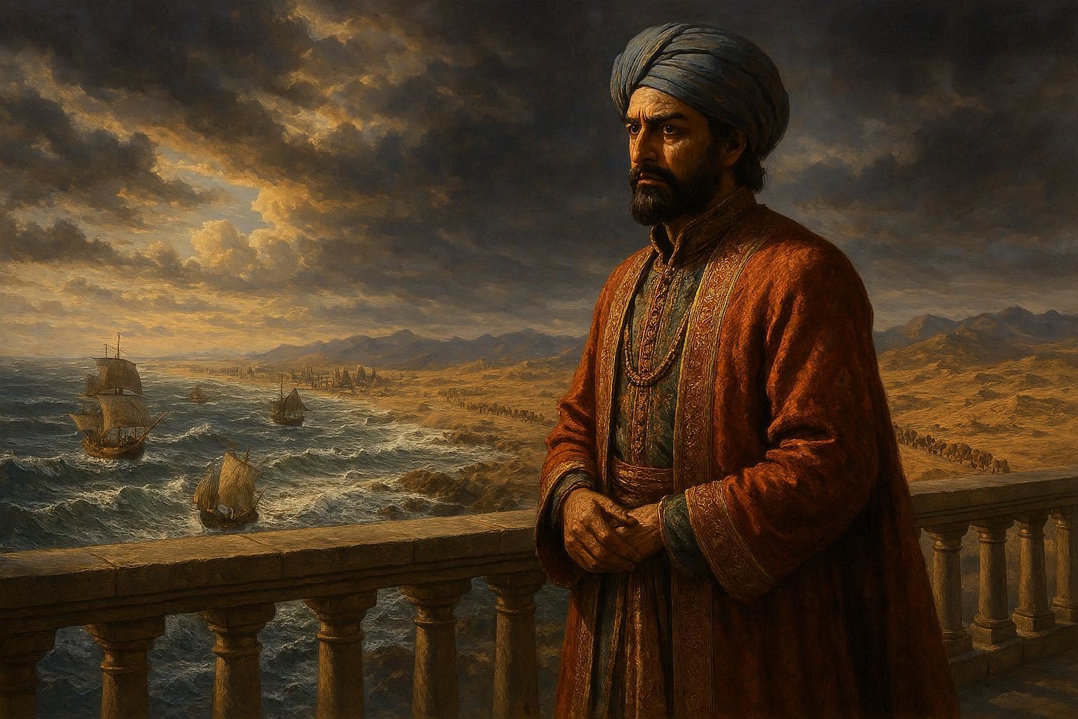 The merchant standing on a high balcony overlooking a vast trade empire.