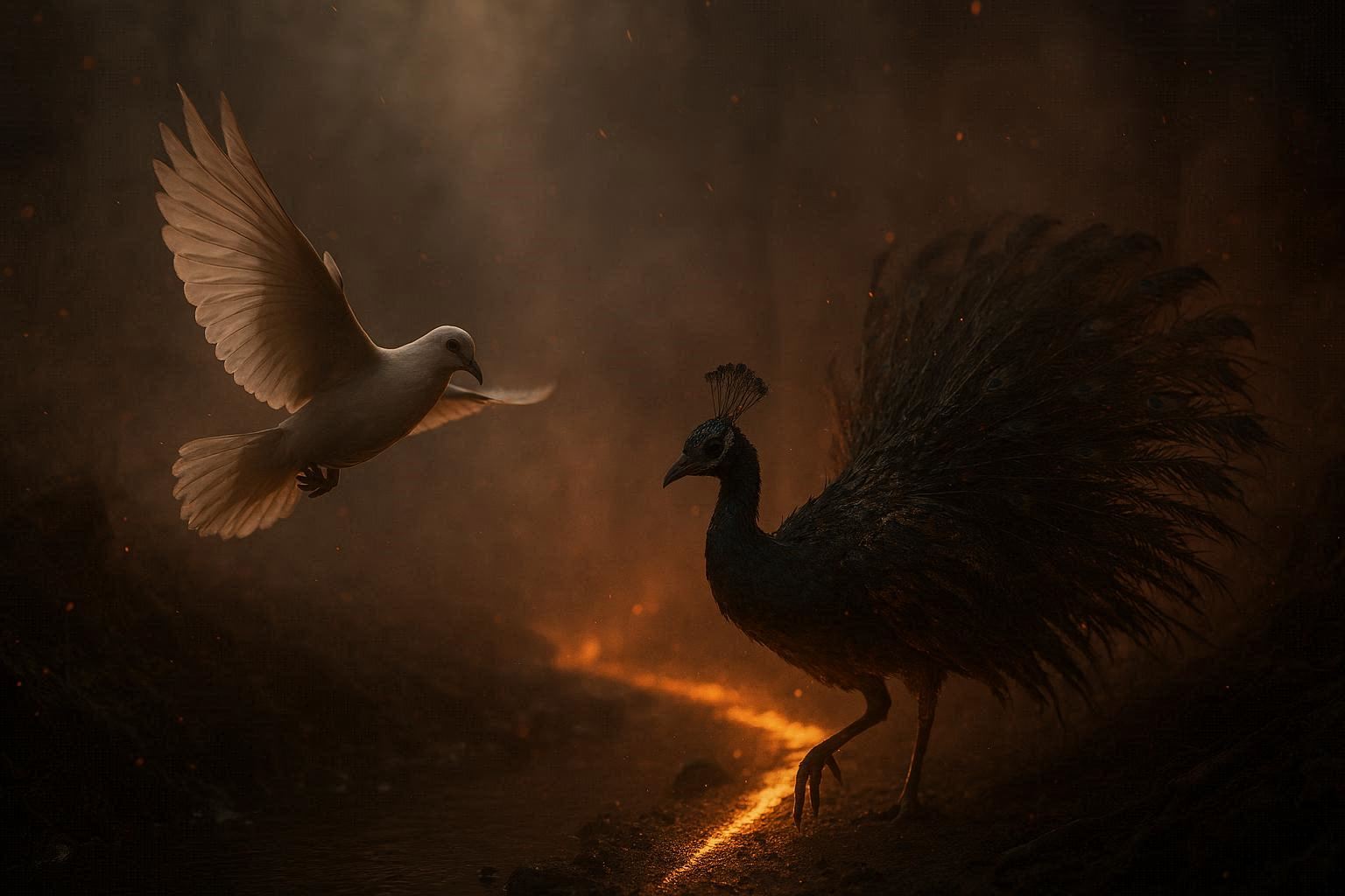 Dove guiding peacock through smoke and forest fire