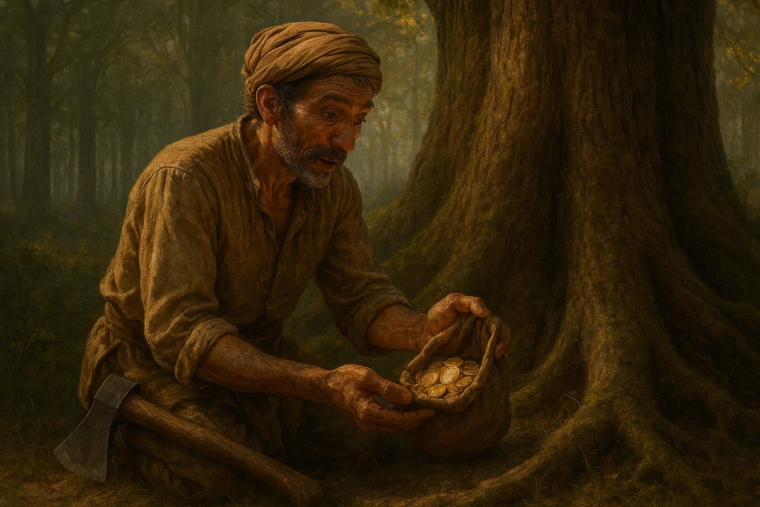 The woodcutter discovered a small pouch