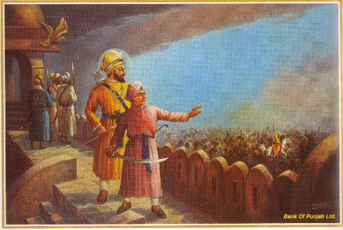 Sahibzada Jujhar Singh watches his brother Ajit Singh in action with their father, Guru Gobind Singh