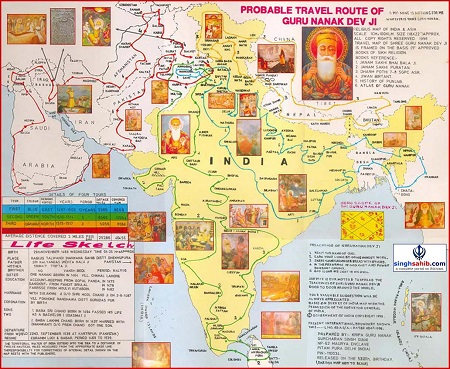 Probable travel route map of Guru Nanak Sahib Ji